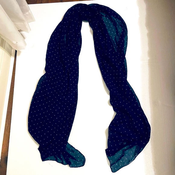 100% Polyester Scarf, 70”L X 26”W, beautiful navy blue with white polka dots - Picture 2 of 4
